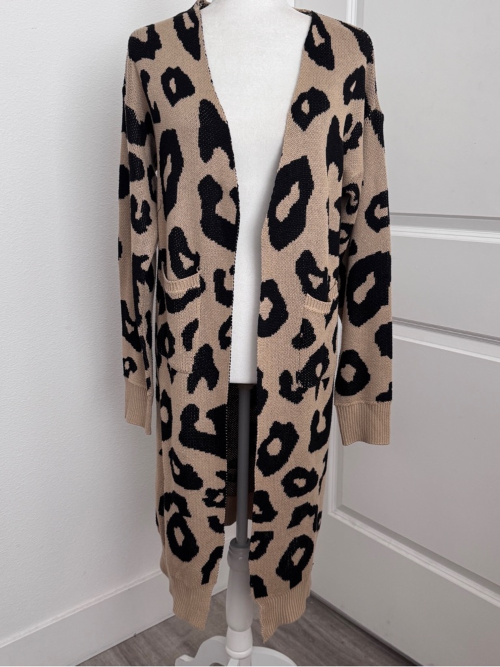 Beige and Black Leopard-Print Long lined Open-Front Cardigan